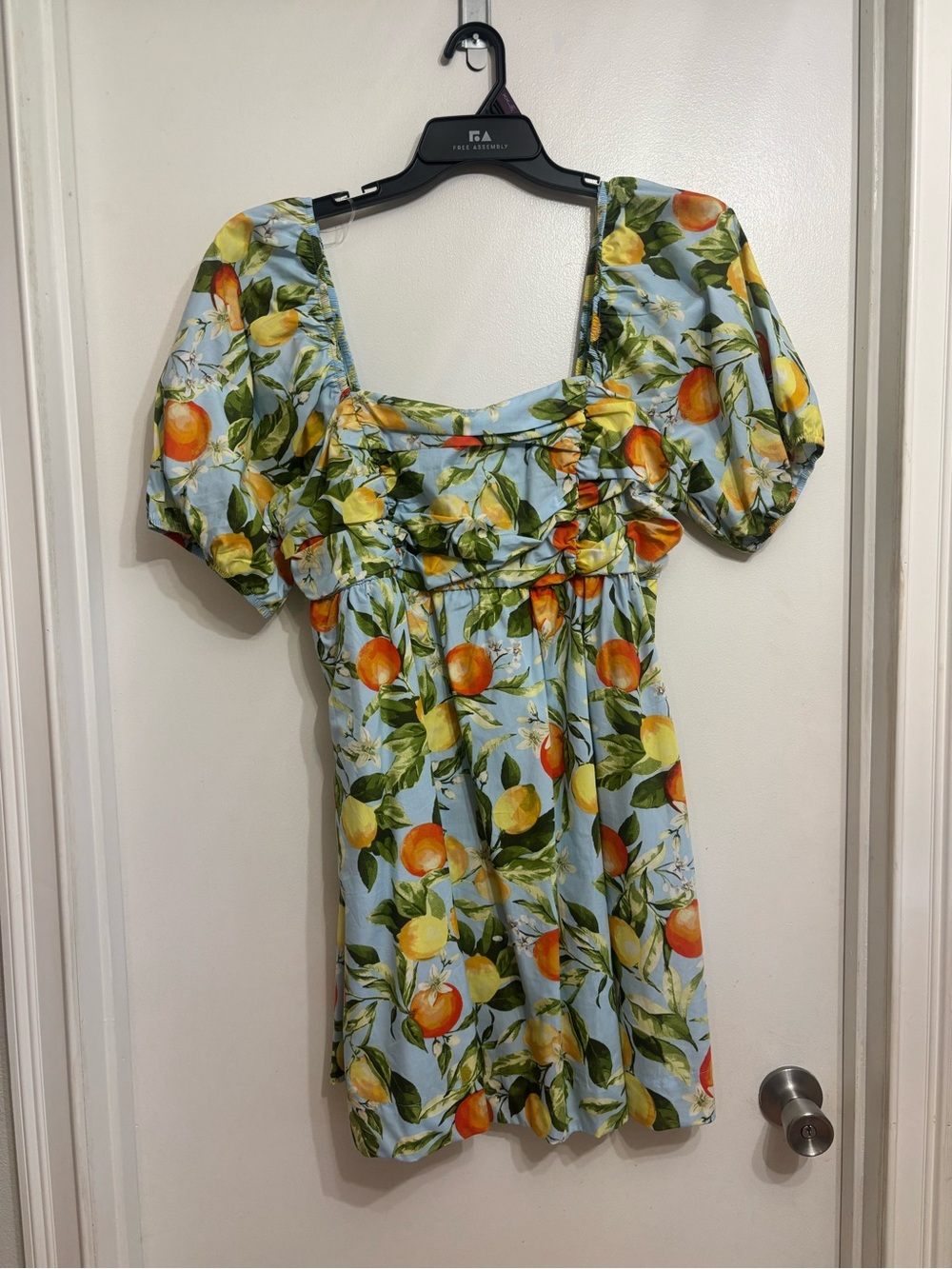 Summer Square-Neck Puff Sleeve Dress in Blue Citrus Print